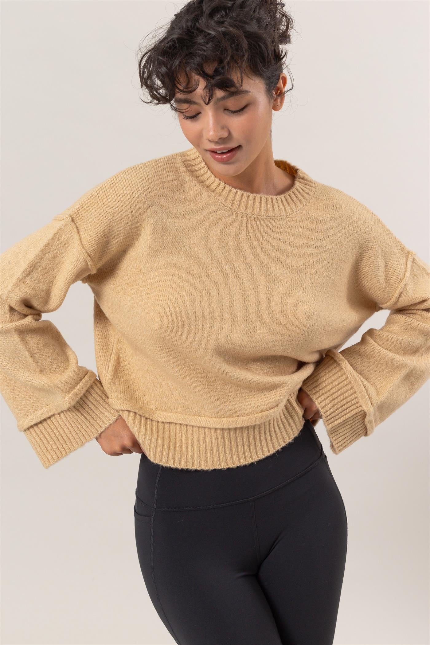 Round Neck Dropped Shoulder Ribbed Sweater HYFVE Taupe S