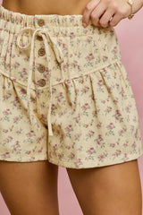 Floral Print Denim Pintuck Elastic Waist Shorts So Me