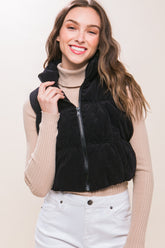Corduroy Zip Up Puffer Vest with Pockets Love Tree Black S