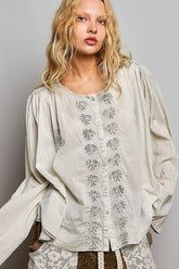 Embroidered Button Front Woven Shirt POL PALE GREY S