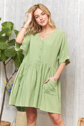V-Neck Half Sleeve Dress with Pockets Adora DUSTY GREEN S