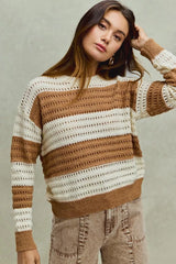 Openwork Round Neck Wide Stripe Textured Sweater So Me