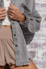 Distressed Button Down Raw Hem Grey Shacket POL