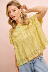 Solid Jersey With Lace Combo Ruffled Buttoned Top BiBi