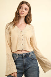 V-Neck Lace Detail Button Down Crop Ribbed Knit Top Very J Natural S