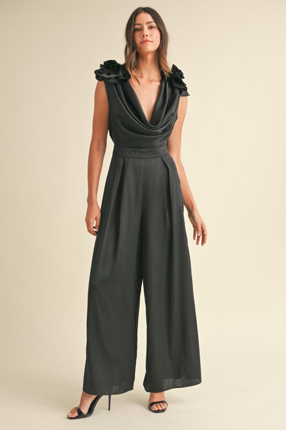 3D Floral Applique Deep Cowl Neck Jumpsuit Mable Black S