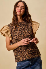 SO ME Leopard Pointelle Knit Top with Puff Sleeves Trendsi LEOPARD/TAUPE S
