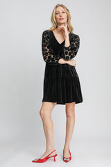 Dotted Lace Sleeve Tiered Velvet Mini Dress Umgee