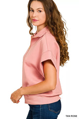 Scuba High Neck Half Zip Short Sleeve Top With Plus Size ZENANA