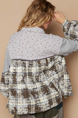 Balloon Sleeve Floral Color Block Plaid Shirt POL