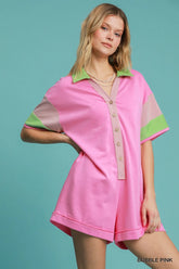 Contrast Trim Button Front Romper Umgee BUBBLE PINK S