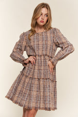 Washed Frayed Tiered Long Sleeve Plaid Dress And the Why Brown S