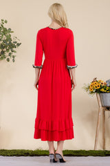 Leopard Trim Ruffle Detail Midi Dress Celeste