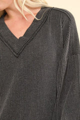 Two Tone Ribbed V-Neck Exposed Seam Top Very J