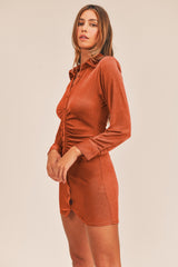 Front Ruched Button-Down Skinny Mini Shirt Dress Mable