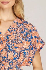 Ruffled Hem Printed Surplice Kimono Sleeve Mini Dress She + Sky