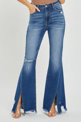 Full Size High Rise Front Slit Frayed Hem Flare Jeans Risen Dark 0(24)