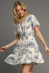 Landscape Print Collared Smocked Mini Dress Umgee Cream S