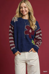 Flower Jacquard Striped Long Sleeve Sweater Umgee Navy S