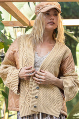 Quilting Patch Button Up Cable Knit Jacket POL