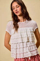Ruffle Tiered Stretch Lace Short Sleeves Knit Top So Me IVORY S