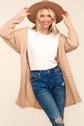 Stripe Textured Open Front Cardigan with Pockets Haptics Taupe S