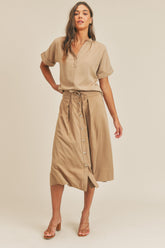 Short Sleeve Top and Button Down Midi Skirt Set Mable Taupe S