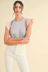 Mix Media Ruffle Sleeve Striped Knit Top Annie Wear LIGHT BLUE/BLUSH XL