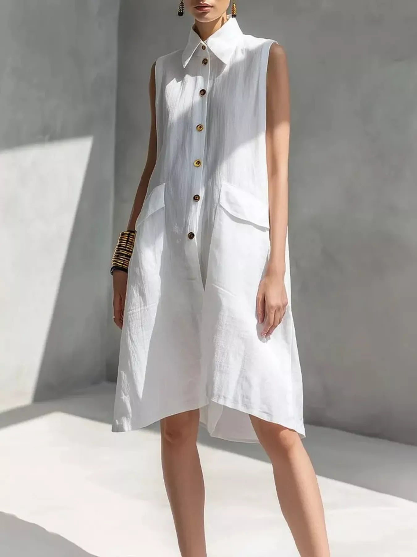 Simmer & Fay button-front sleeveless collared shirt dress for women in white with pockets