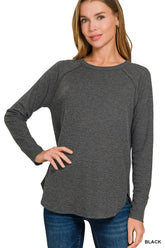 Baby Waffle Long Sleeve Crew Neck Top ZENANA BLACK S