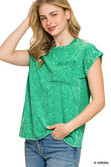 Zenana Full Size Crinkle Washed Round Neck Folded Short Sleeve Tee Plus Size Trendsi K GREEN S