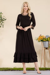 Leopard Trim Ruffle Detail Midi Dress Celeste Black/Leopard S