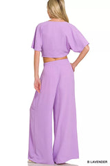 Woven Airflow Twisted Top & Wide Leg Pants Set ZENANA