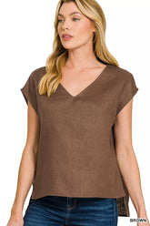 Linen V-Neck Sleeveless Top ZENANA BROWN S