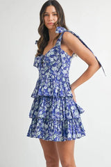 Floral Print Shoulder Tie Layered Mini Dress Mable