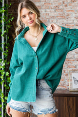 Washed Corduroy Button Down Long Sleeve Shirt First Love Green S