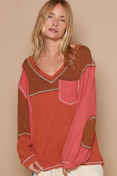 Relaxed V-Neck Knit Panel Exposed Seam Top POL Brick S