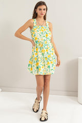 Citrus Floral Tie Shoulder Tiered Mini Dress HYFVE