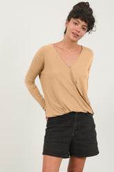 Draped Drop Shoulder V-neck Long Sleeve Top HYFVE Taupe S