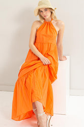 Flowy Halter Neck Cover Up Tiered Maxi Dress HYFVE Orange S