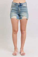High Rise Washed Fly Stitch Detail and Destroy Denim Shorts Judy Blue