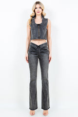 Zip Up Washed Crop Denim Vest American Bazi