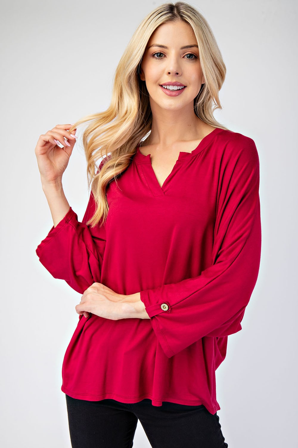 Notched Three-Quarter Sleeve Blouse Celeste Burgundy S