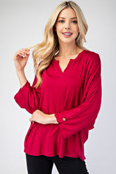 Notched Three-Quarter Sleeve Blouse Celeste Burgundy S