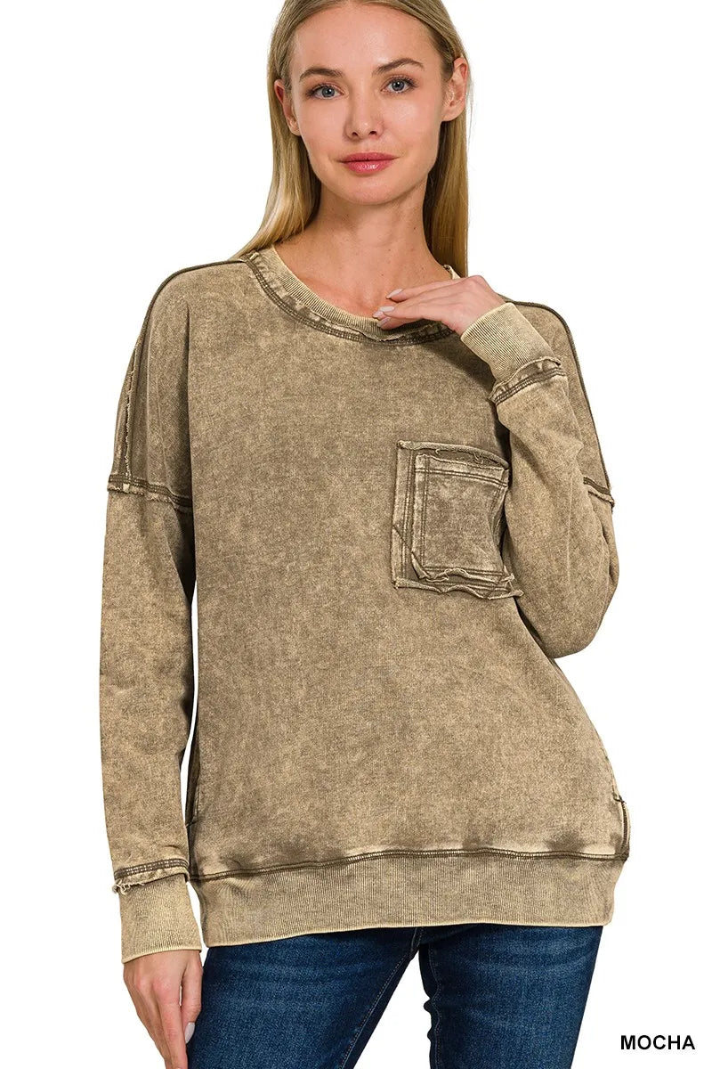 French Terry Washed Raw Edge Front Pocket Pullover ZENANA MOCHA S