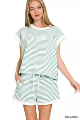 Stripe Contrast Trim Top & Shorts Set ZENANA SEA ANGEL S