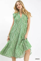 Leaf Print Tiered Midi Dress with Ruffle Detail Umgee GREEN S
