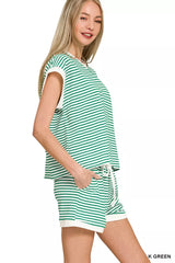 Stripe Contrast Trim Top & Shorts Set ZENANA