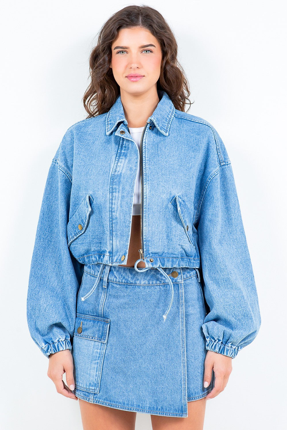 Drawstring Waist Crop Trucker Denim Jacket American Bazi Blue S