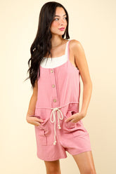 Half Button Drawstring Sleeveless Romper Very J Blush S